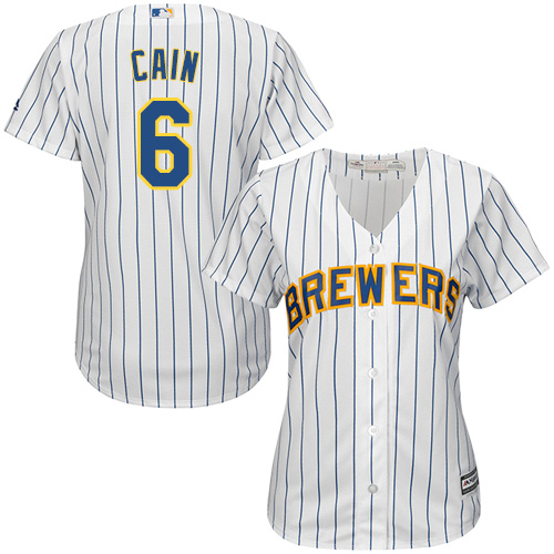 Brewers #6 Lorenzo Cain White Strip Home Women's Stitched MLB Jersey
